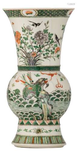 A Chinese famille verte beaker vase, overall decorated