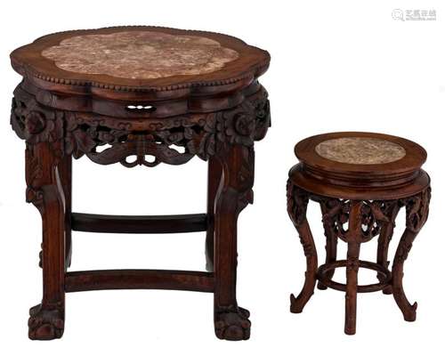 Two Chinese carved hardwood stools with marble top, H