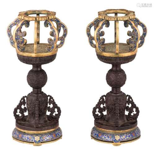 A pair of Chinese carved wooden gilt bronze cloisonne