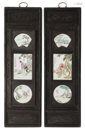 Two Chinese decorative carved wooden panels, the