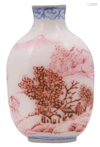 A Chinese pink and blue glazed snuff bottle, decorated