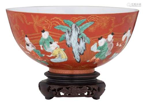 A Chinese red coral ground famille verte and gilt