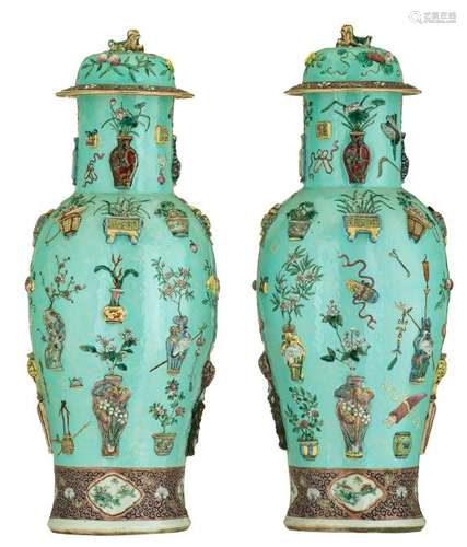 A fine pair of Chinese turquoise ground famille rose