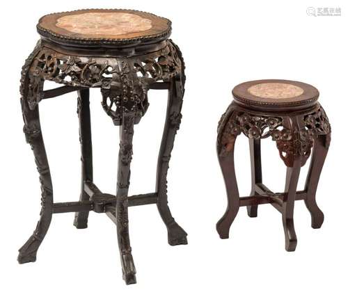 Two Chinese carved hardwood stools with marble top, H