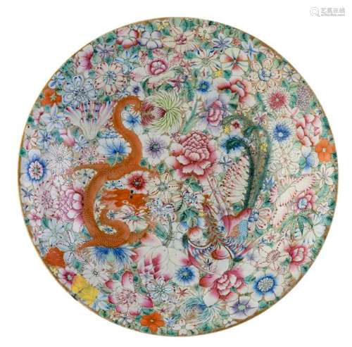 A Chinese millefleurs charger, decorated with a dragon