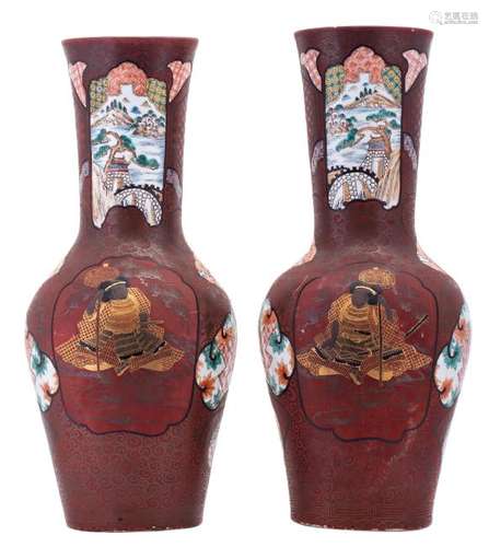 A fine pair of Japanese red lacquered polychrome and