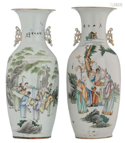 Two Chinese famille rose vases, decorated with literati