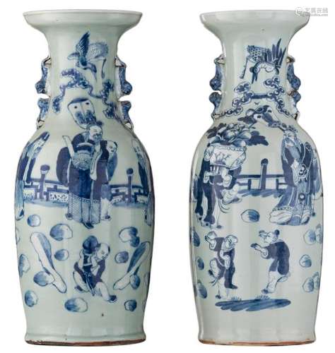 Two Chinese celadon ground blue and white vases,