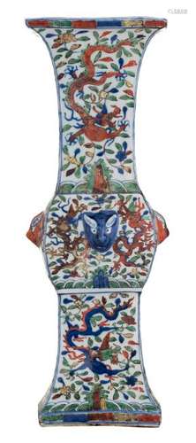 A Chinese wucai quadrangular gu vase, decorated with