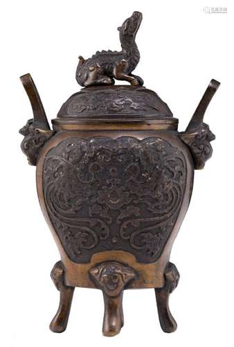 A Chinese bronze incense burner, decorated with a