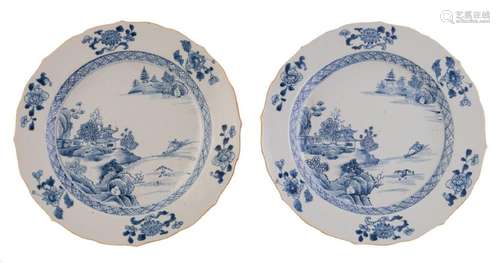 Two Chinese blue and white floral decorated barbed rim