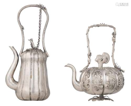 Two Chinese mellon shaped silver teapots and covers,