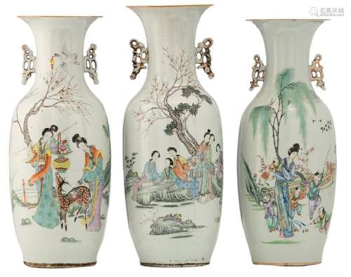 Three Chinese famille rose vases, decorated with