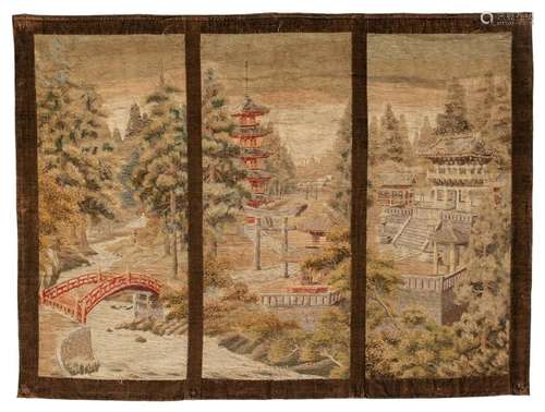 A Japanese threefold brodery, depicting pavilions in a