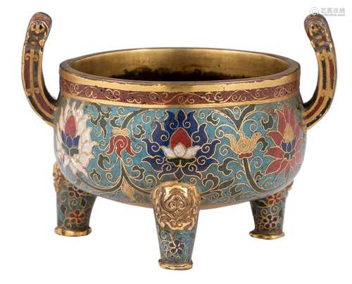 A Chinese gilt bronze cloisonne enamel tripod incense