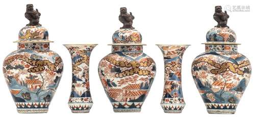 A Japanese five piece imari garniture, decorated with