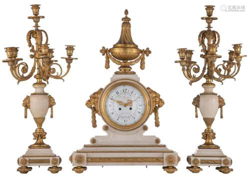 A neoclassical gilt bronze and white marble three-piece