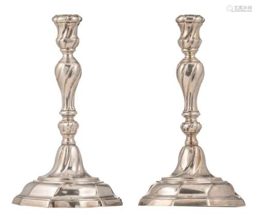 A pair of silver rococo candlesticks, Ghent hallmark,