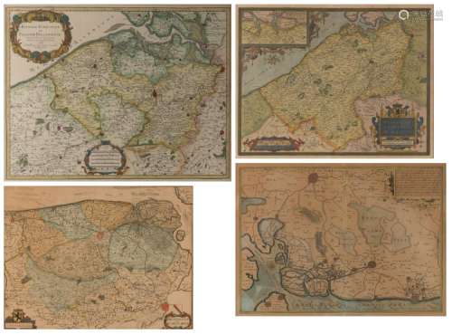 A lot of four antique maps: a handcoloured 17 thC map
