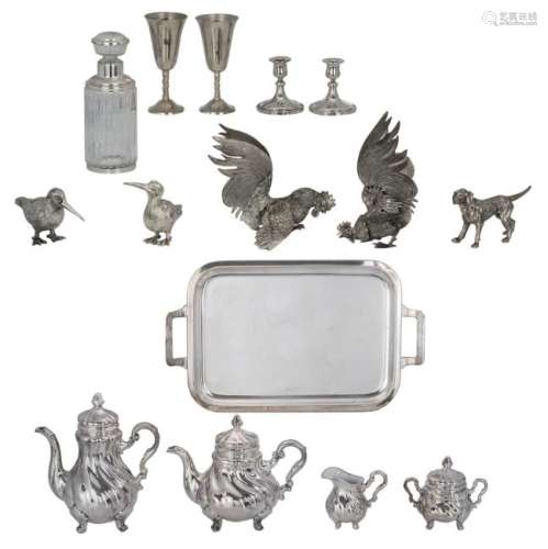 A lot of various silver plated items, a decanter with a
