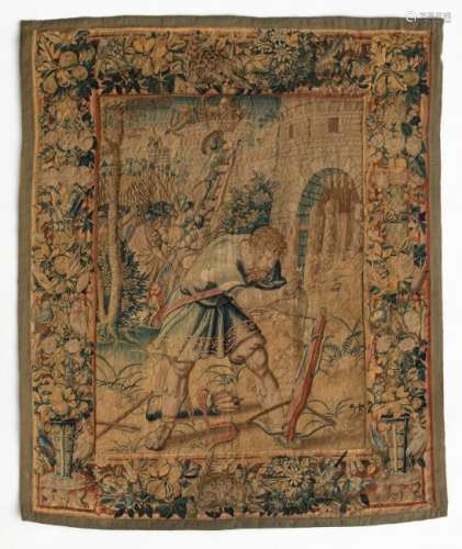 A 17thC tapestry, depicting a soldier with a crossbow,