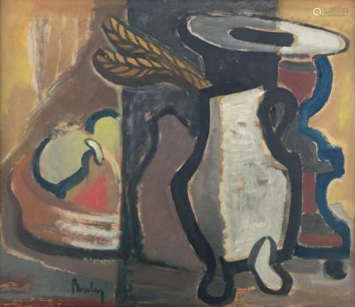 Boulez P., a still life with a white jar, oil on board,