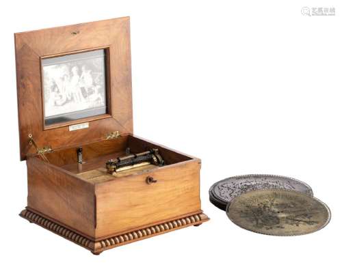 A walnut and marquetry veneered Symphonion music box