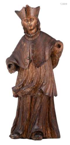 A 17th/18thC oak sculpture depicting a cleric, traces