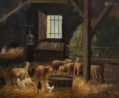 Perrin E., sheep and chickens in a stable, oil on