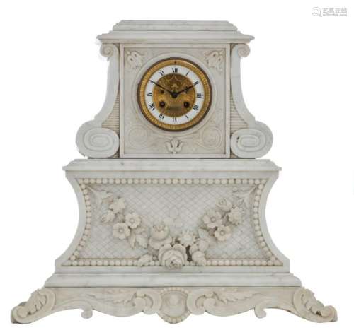 A Belle Epoque white marble mantle clock, the work