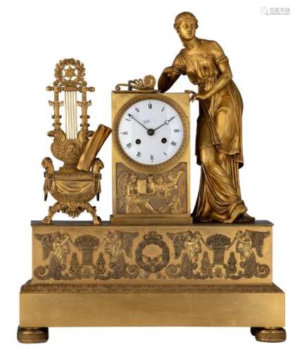 A 19thC neoclassical gilt bronze figural mantle clock,