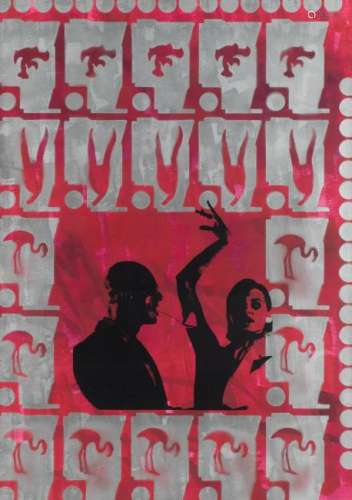 No visible signature, untitled, stencil print on a red