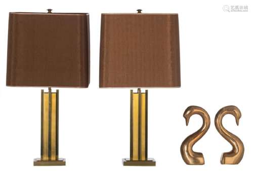 A pair of brass table lamps, the shades set with coarse