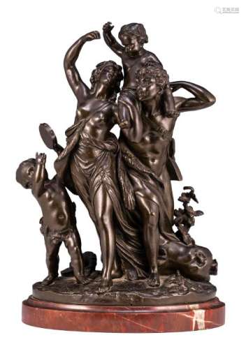 Clodion, a Bacchus family, patinated bronze on a rouge