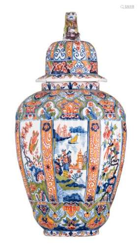 A 19thC octagonal polychrome vase and cover, decorated