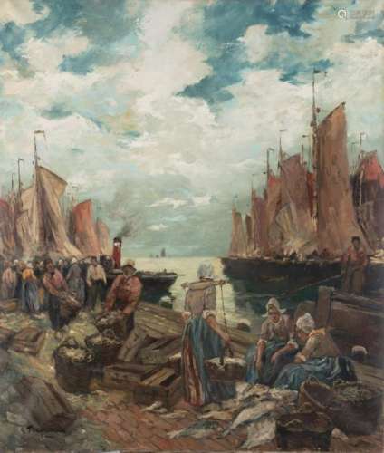 Flasschoen G., unloading the catch on the quay, oil on