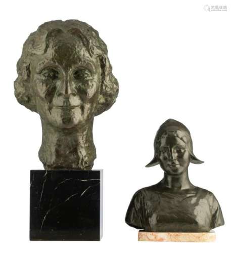 Monogrammed E., a ladies bust, patinated bronze, on a