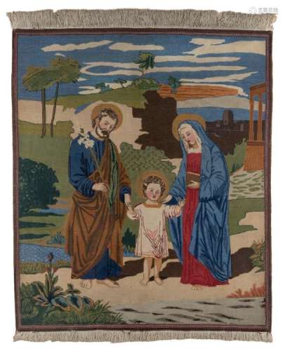Oriental rug with bibical scene of the Holy family,