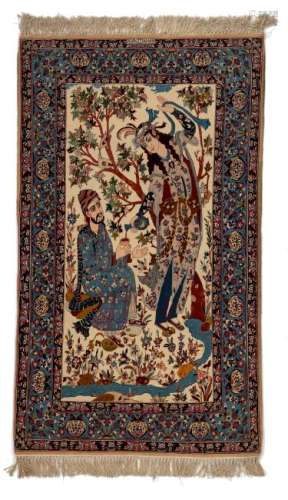 An Oriental rug, decorated with a gallant scene, the