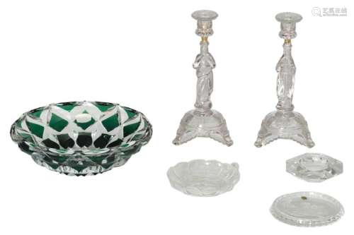 A lot of various glass and crystal items: a green
