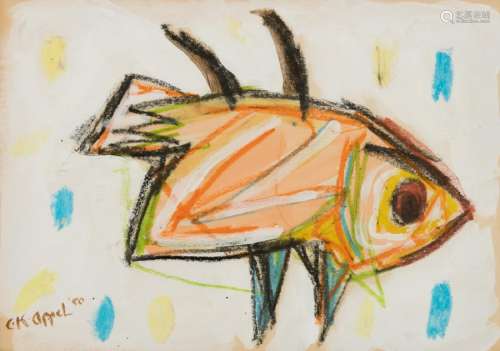 Appel K., a fish, gouache and crayon on paper, dated