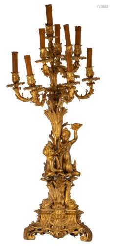 A rare gilt bronze Rococo Revival candelabra, probably