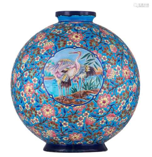 A polychrome enamel decorated faience de Longwy vase,