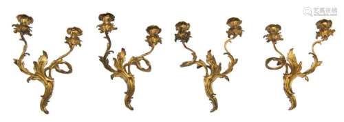 Four gilt bronze Rococo Revival wall candelabras, H 35