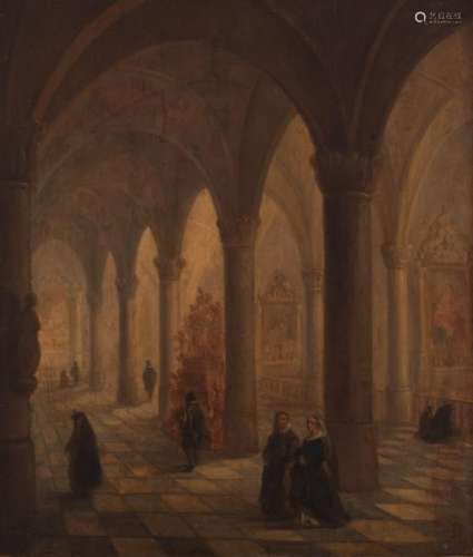 No visible signature, figures in a church interior, oil