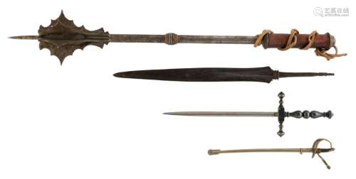 A club weapon, two stabbing weapons and a miniature