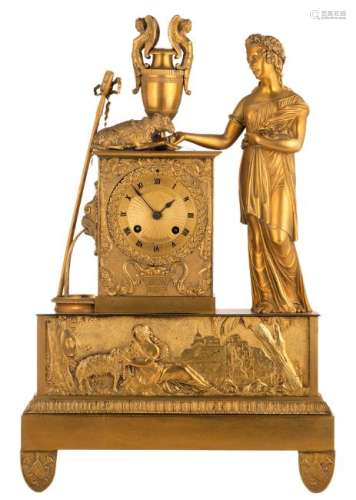 A 19thC neoclassical gilt bronze mantel clock with on