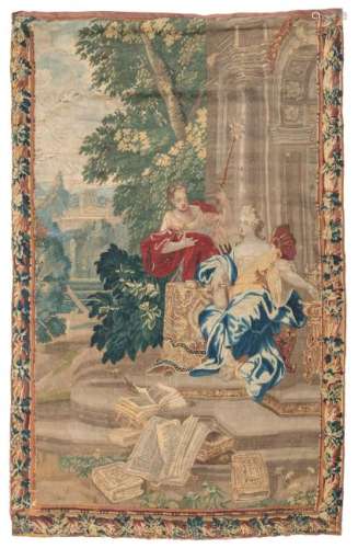 A tapestry fragment of an animated scene depicting two