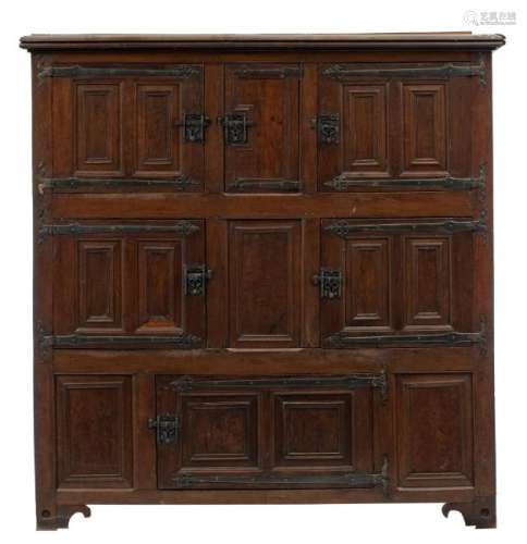 A 19thC oak Gothic Revival cupboard, wrought brass