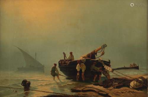 Barnaba L., launching a sloop at dawn, oil on canvas,